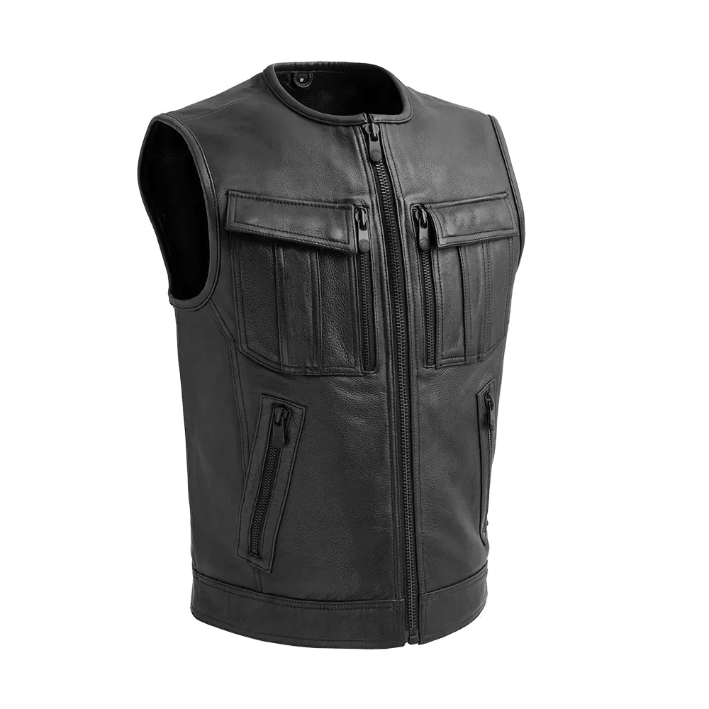 Unbeatable Men's Solid Black Leather Club MC Motorcycle Vest Double Utility Chest Pockets Low Collar Double Slash Pockets Solid Back Mesh Liner