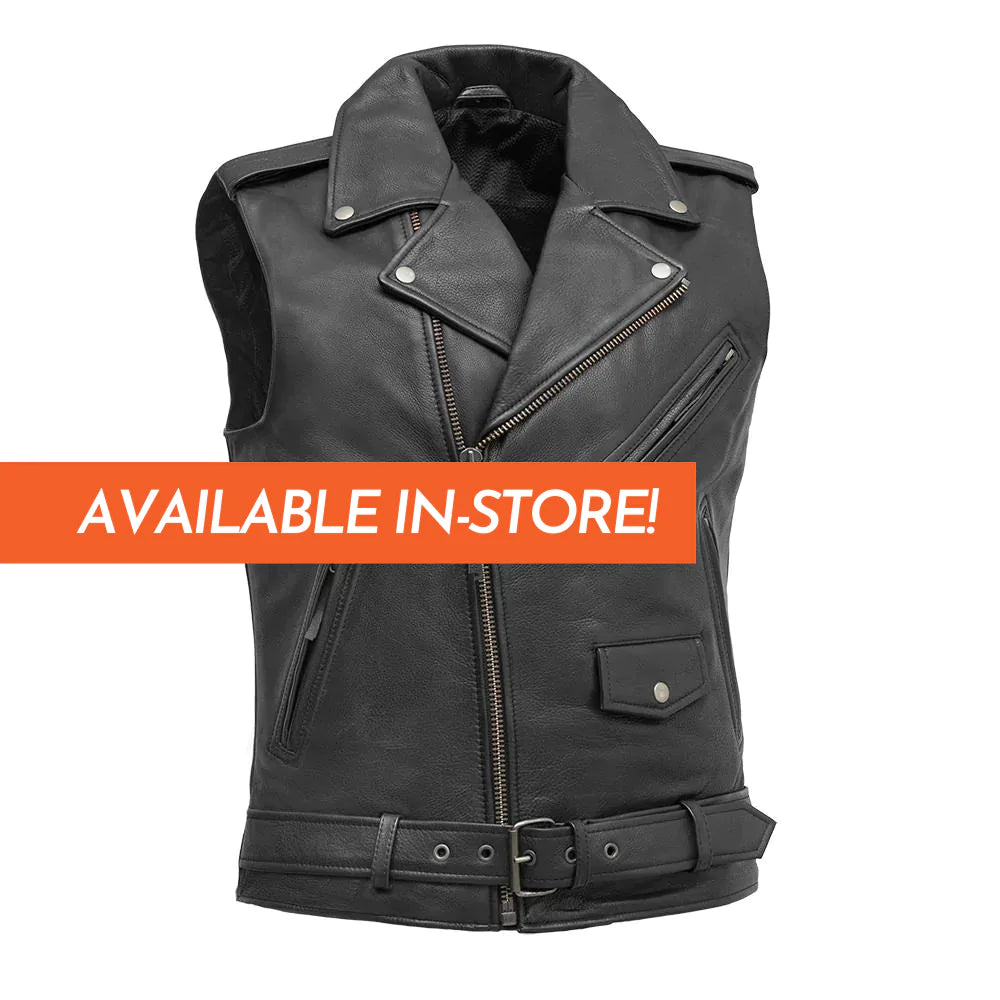 Rockin men's classic club mc black leather motorcycle vest v-neck collar asymmetrical front zipper waist belt buckle slash chest waist pockets solid back