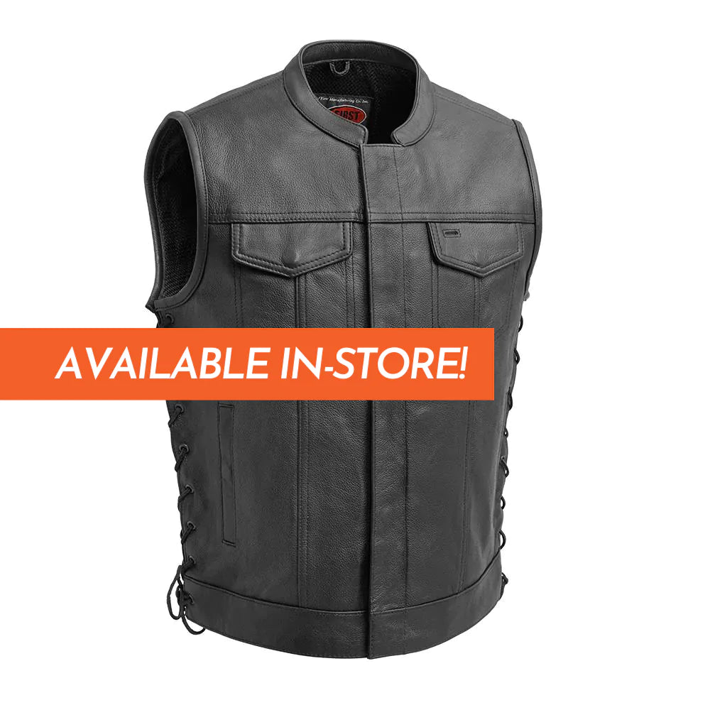 Sniper men's classic club mc black leather motorcycle vest lace up sides high banded collar front zipper covered snaps double chest pockets solid back mesh liner