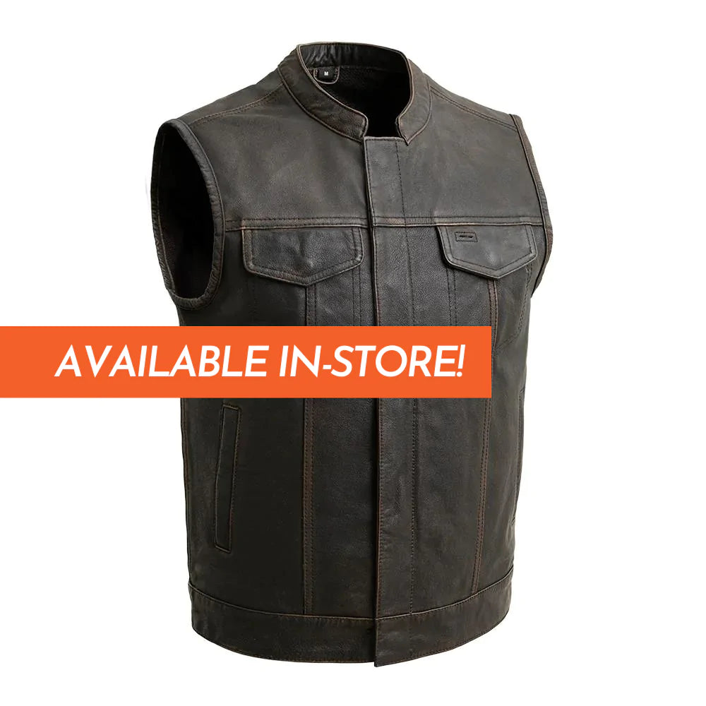 Sharp Shooter men's classic club mc antique brown olive leather motorcycle vest high banded collar front zipper covered snaps double chest pockets mesh liner solid back