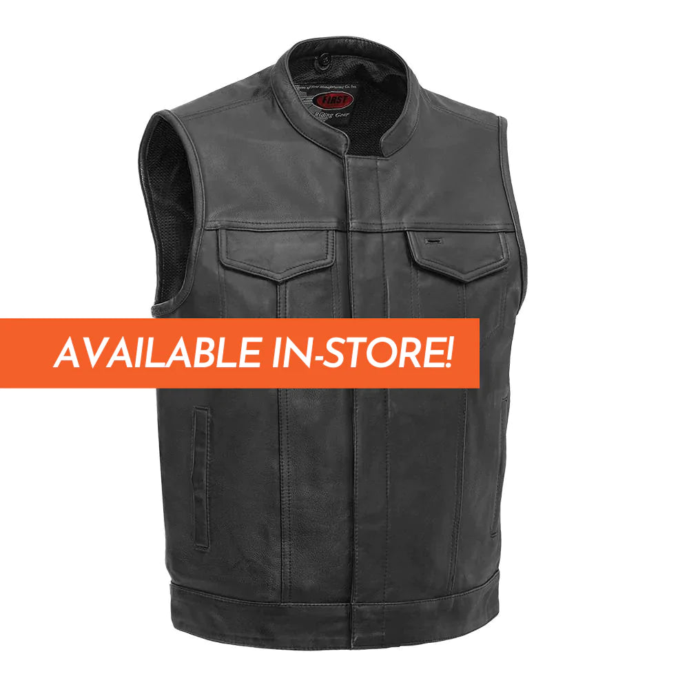 Sharp Shooter classic club mc black leather motorcycle vest high banded collar front zipper covered snaps double chest pockets mesh liner solid back