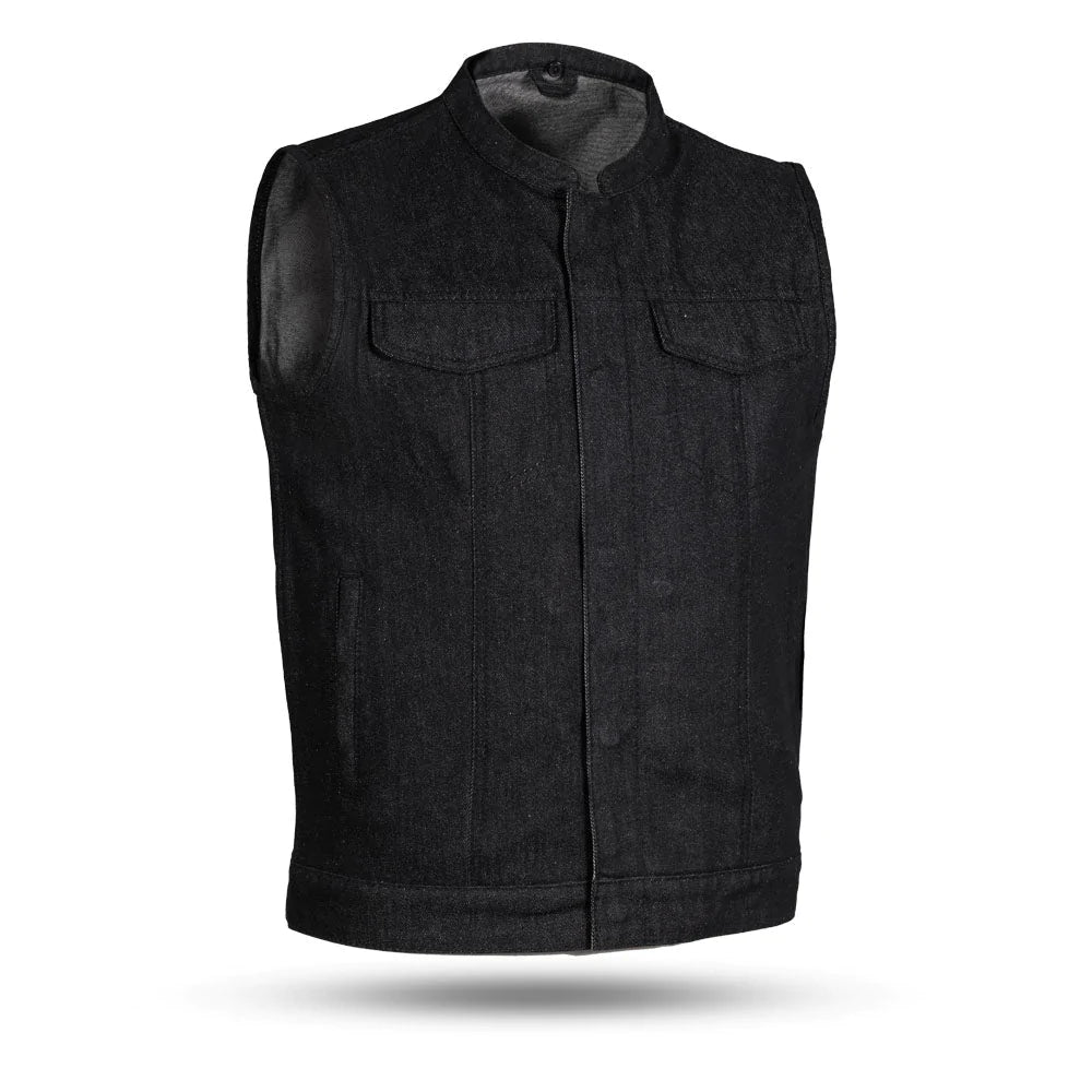 Kershaw Men's Black Denim Heavy Club MC motorcycle vest high banded collar front zipper covered snaps double chest pockets solid back
