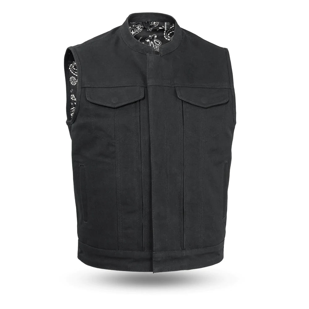 Highland Men's Black Canvas Textile Club MC Motorcycle Vest high banded collar paisley interior double chest pockets large utility tool chest pockets