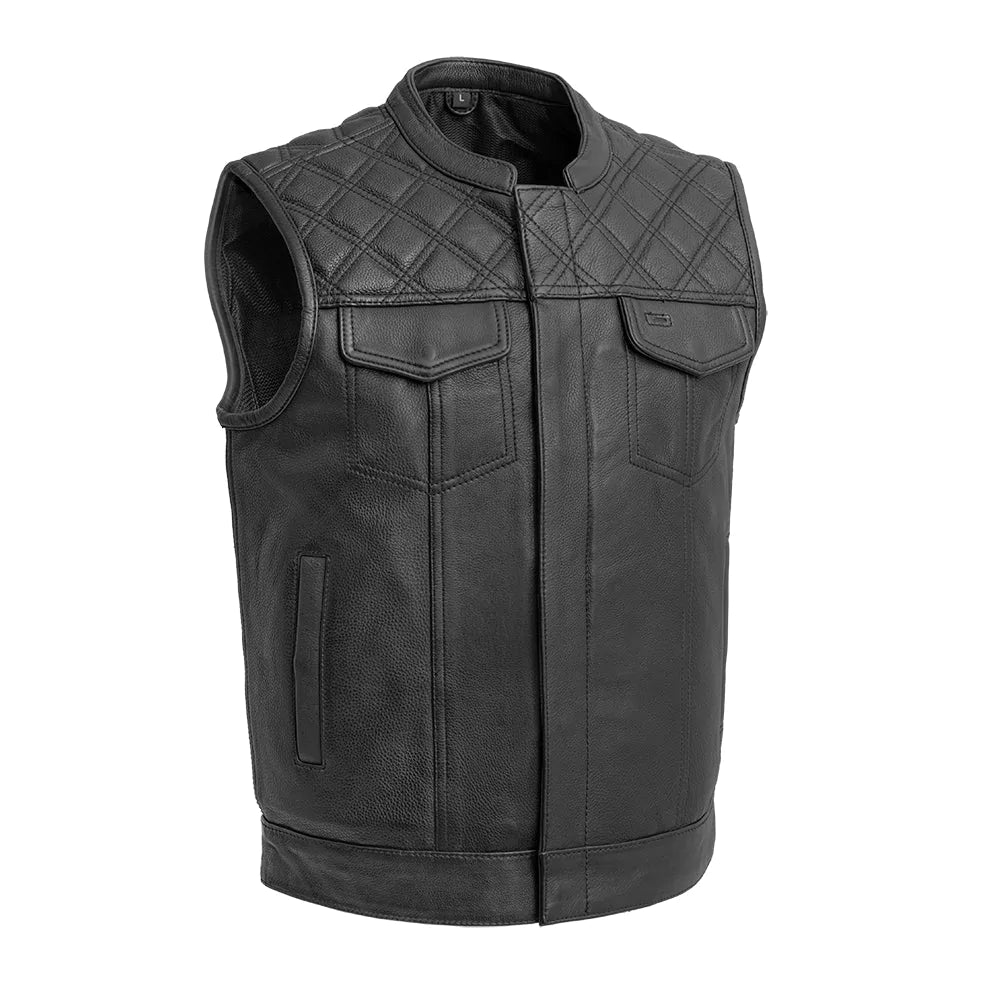 Downside men's club mc classic black leather motorcycle vest with quilted shoulders high banded collar front zipper covered snaps mesh liner double covered chest pockets