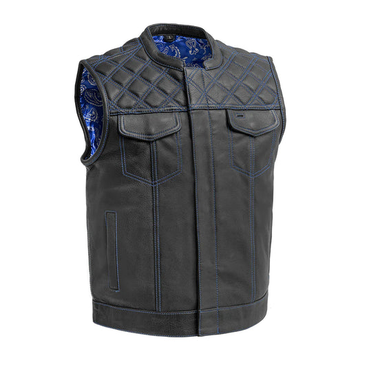 Downside men's classic club mc style black blue leather motorcycle vest with quilted shoulders high banded collar front zipper covered snaps blue paisley interior double covered chest pockets