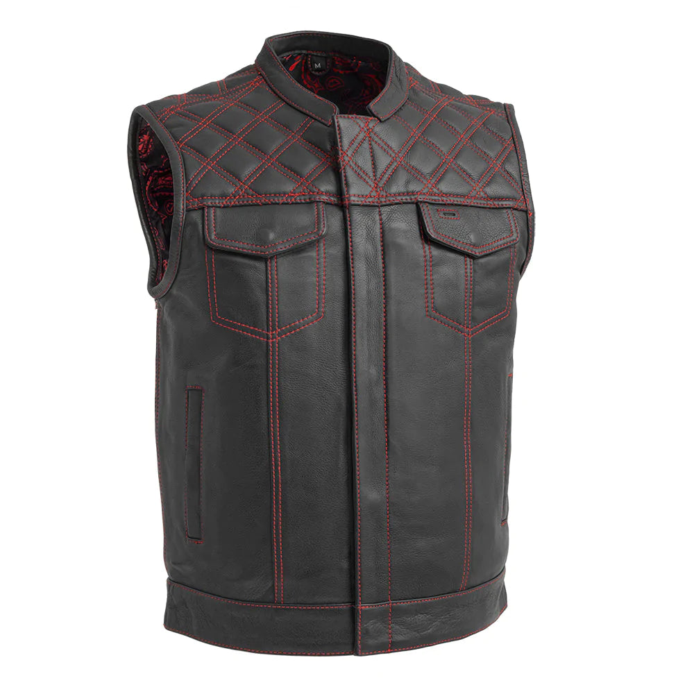 Downside men's classic club mc style black red leather motorcycle vest quilted shoulders high banded collar front zipper covered snaps double chest pockets red seams