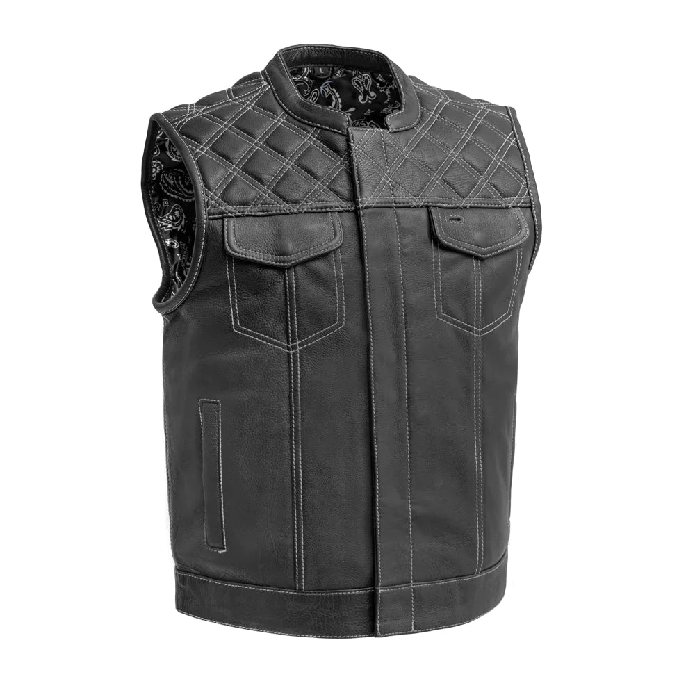 Downside men's classic club mc black white leather motorcycle vest high banded collar front zipper covered snaps quilted shoulders double chest pockets paisley interior
