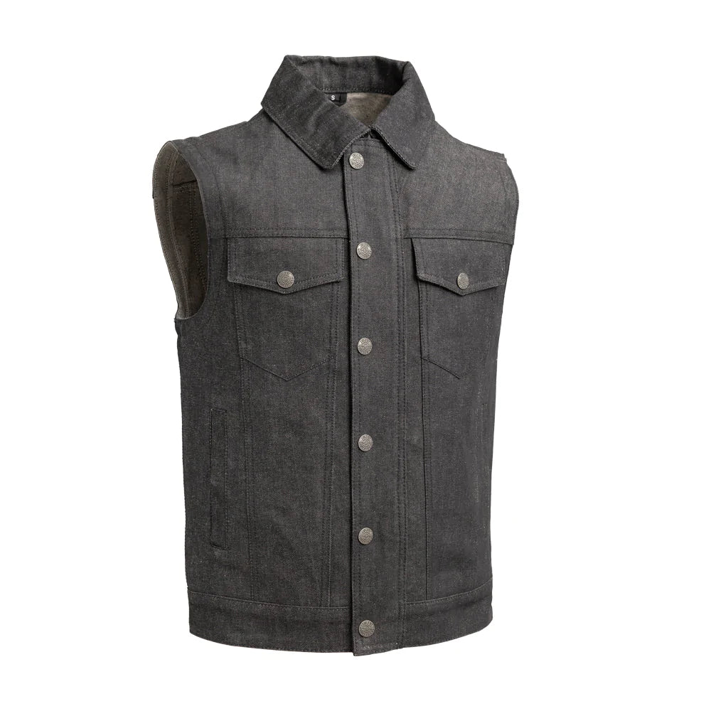 Rook Men's Dark Gray Jean Denim Club MC Motorcycle Vest High Cuff Collar Double Chest Pockets Snap Up Front Solid Back