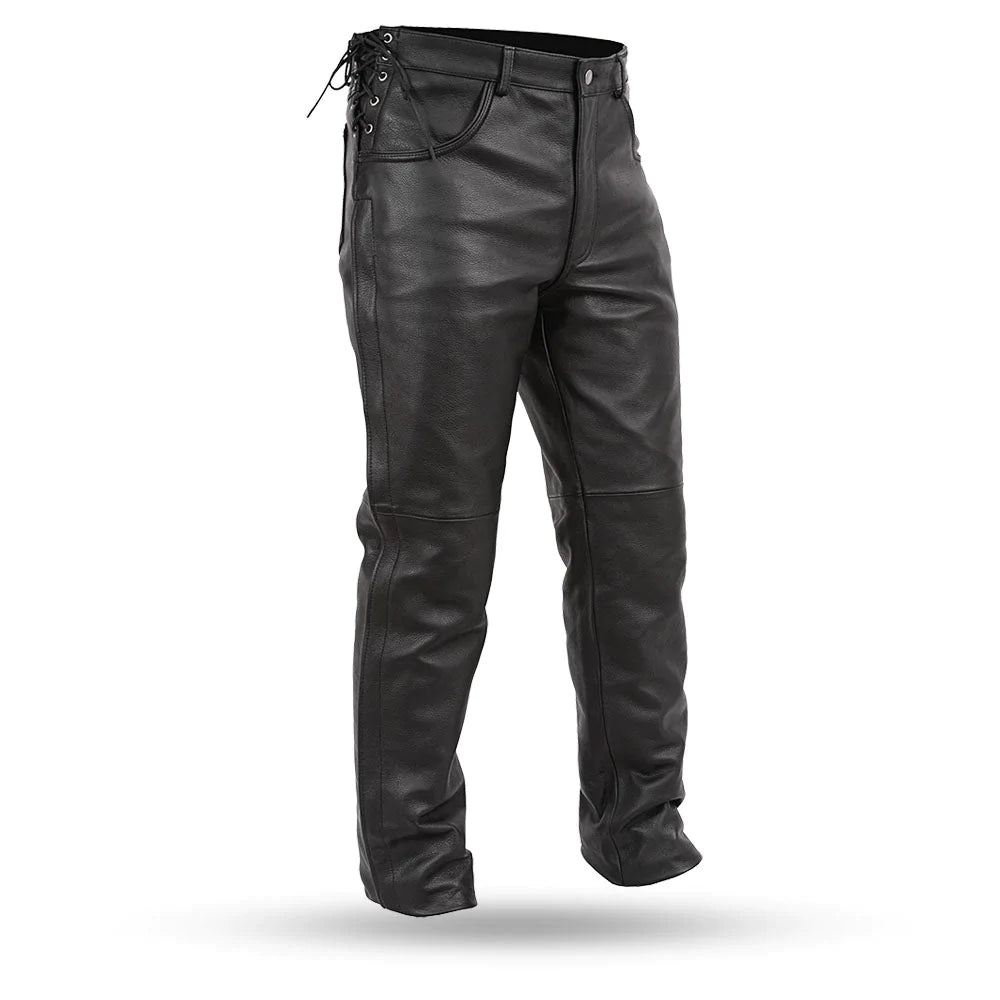 Baron Men's Black Motorcycle Leather Pants with Side Lace and Grommets with Pockets