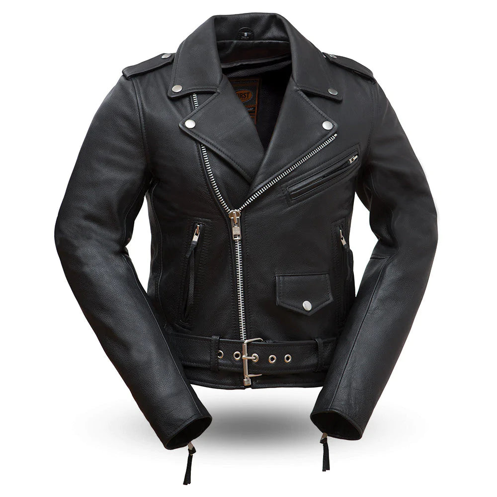 Rockstar women's black classic lambskin leather motorcycle jacket with v-neck collar asymmetrical front zipper single slash chest pocket waist belt buckle