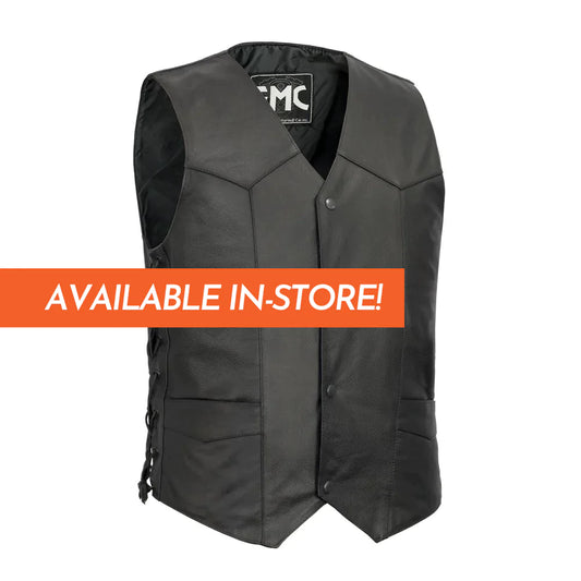 Carbine men's club mc style black western leather motorcycle vest with v-neck collar front snaps low waist pockets lace up sides interior concealed pockets