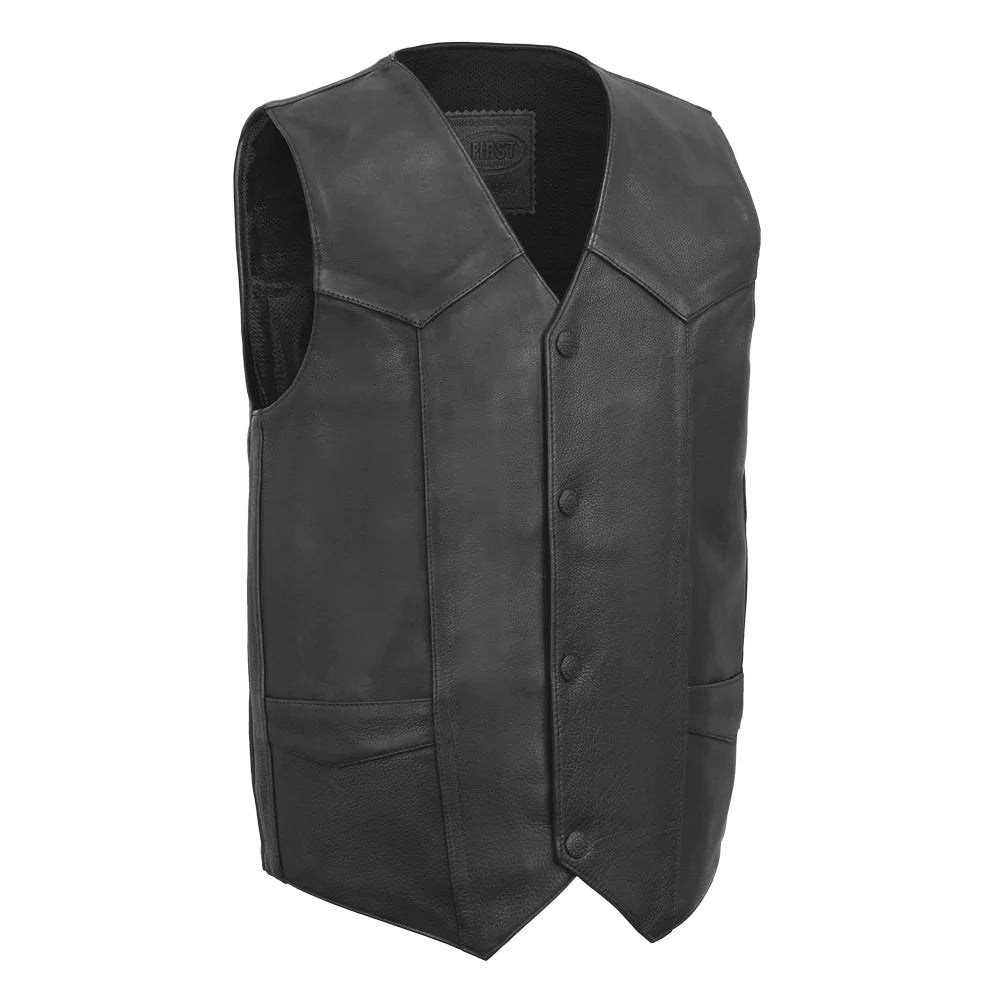 Tombstone men's classic club mc black leather motorcycle vest v-neck collar black hardware snap front low waist pockets mesh liner solid back