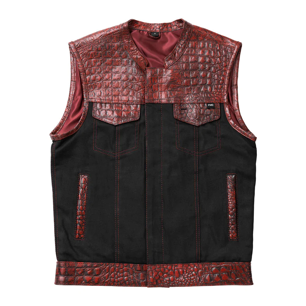 Fireball Men's Black and Red Denim Canvas Leather Club MC motorcycle vest with snake skin trim high banded collar