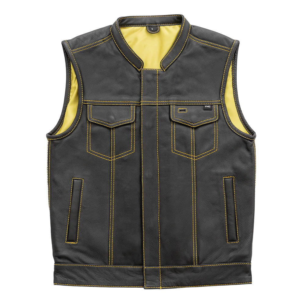 Gadsen men's classic club mc black yellow leather motorcycle vest low banded collar front zipper covered snaps don't tread on me yellow interior