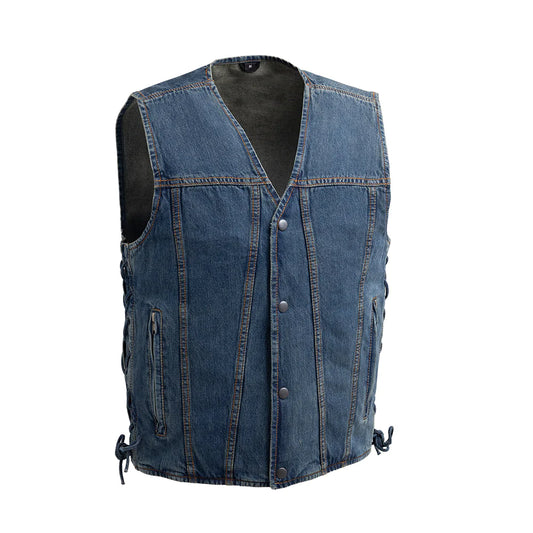 Gambler Men's Solid Blue Denim Club MC Motorcycle Vest V-Neck Collar Front Snaps dual waist pockets side lace up