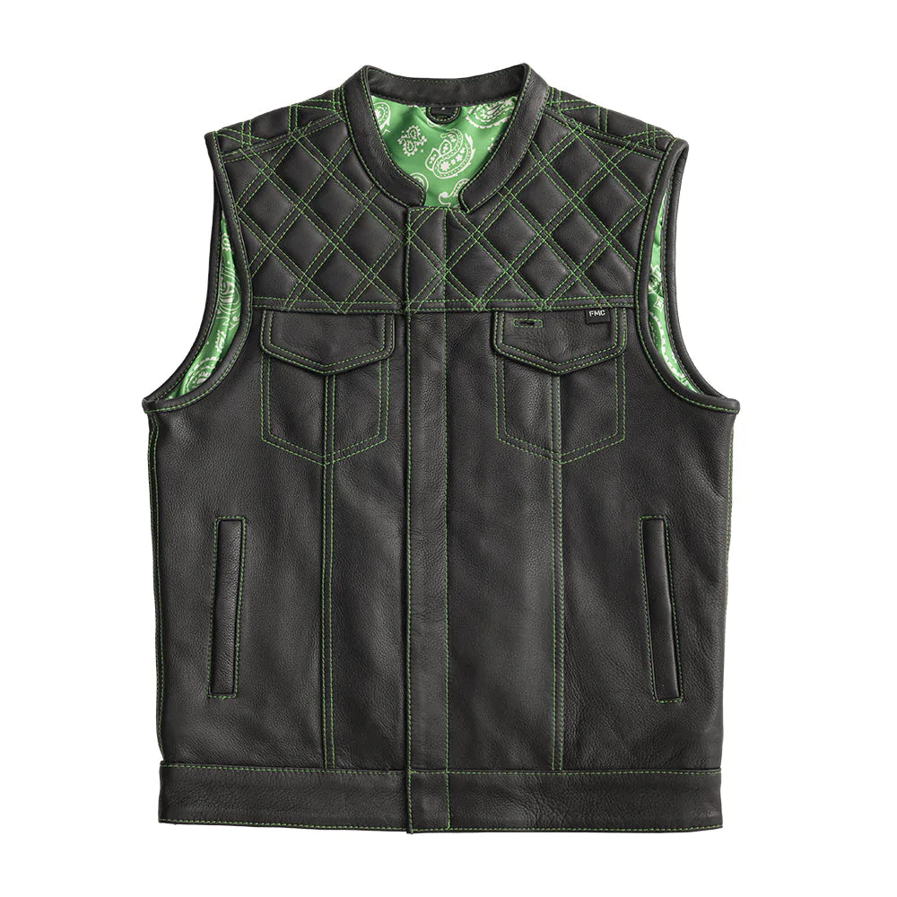 Whaler Green Men's Black Leather Club MC Motorcycle Vest High banded collar green stitching paisley liner quilted diamond top double chest pockets solid back