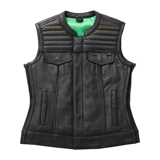 Garland Women's Black and Rainbow Club MC leather motorcycle vest quilted top colorful interior zipper sides