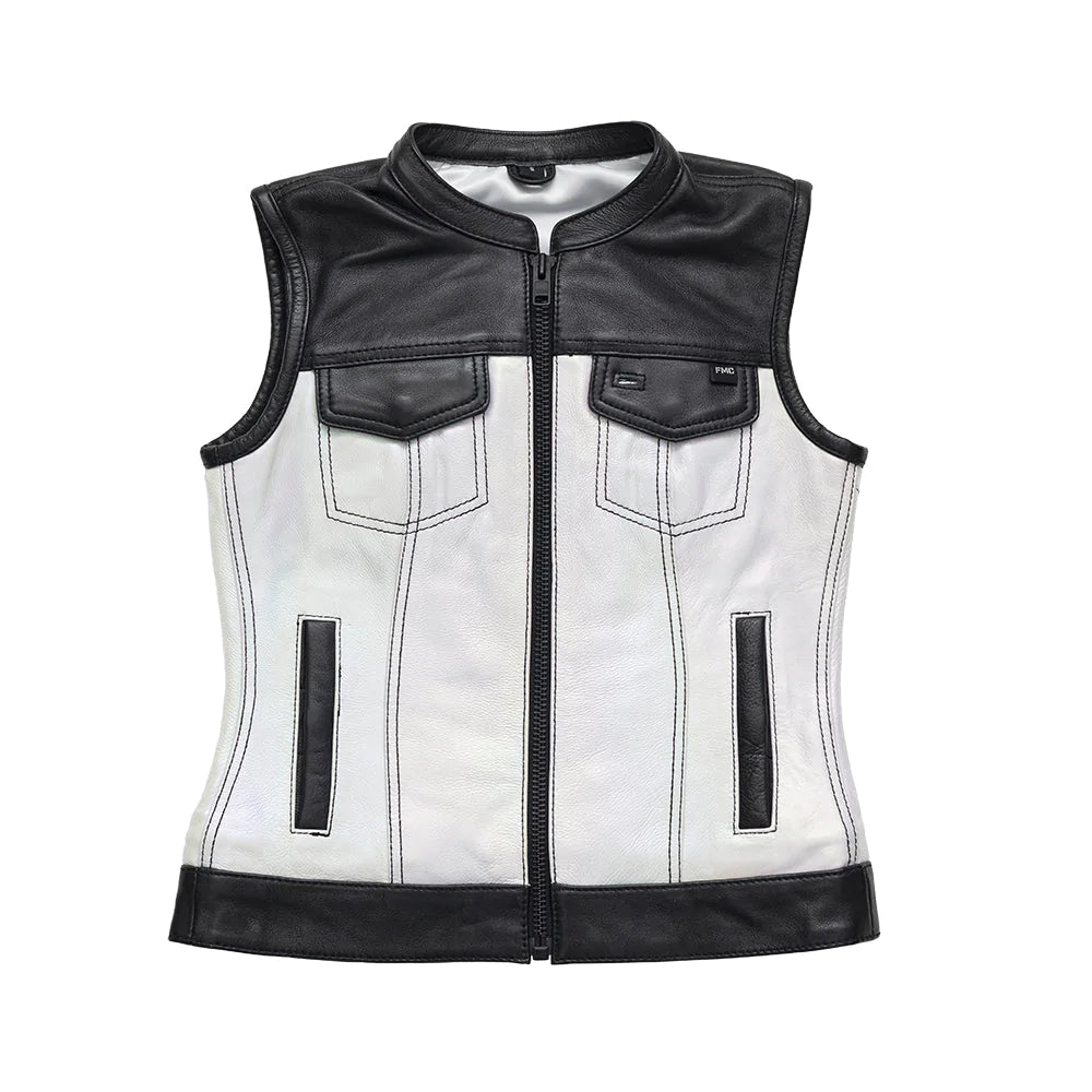 Halo women's black white classic club mc leather motorcycle vest double chest pockets high banded collar zipper front black hardware mesh liner solid back