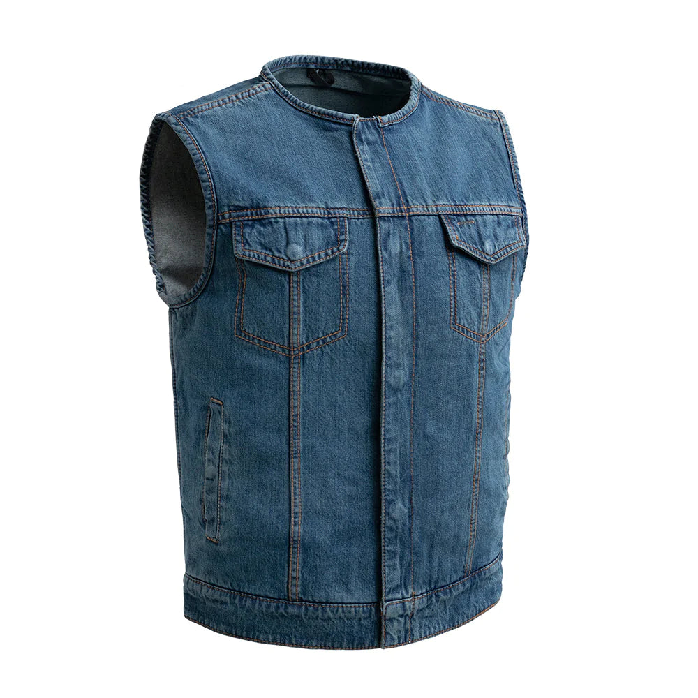 No Limit Men's Blue Jean Denim Club MC Motorcycle Vest low collar double chest pockets front zipper covered snaps solid back