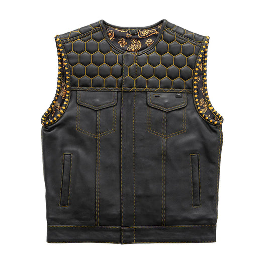 Hornet Vest men's classic club mc black yellow leather motorcycle vest quilted shoulders low collar double chest pockets paisley interior