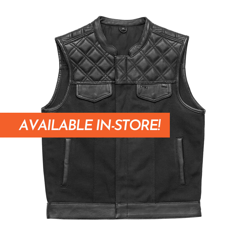 Hunt Club Solid Black Club MC Denim Canvas Leather Trim Motorcycle Vest Quilted Top Double Chest Pockets High Banded Collar Zipper Front Covered Snaps