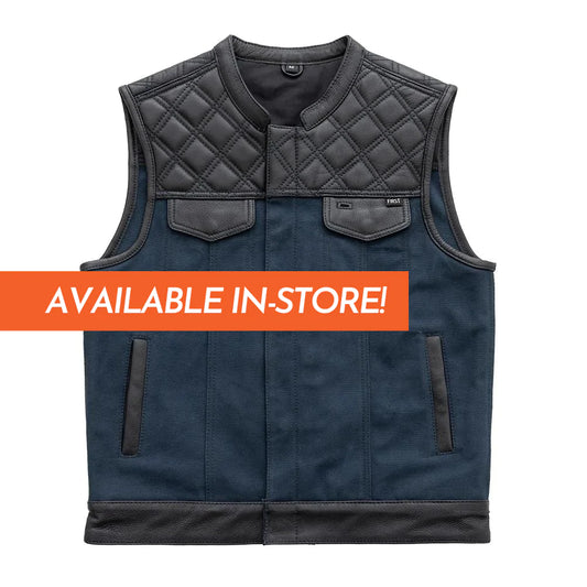 Hunt Club Blue Black Denim Leather Trim CLUB MC Canvas Motorcycle Vest Quilted top high banded collar double chest pcokets front zipper covered snaps
