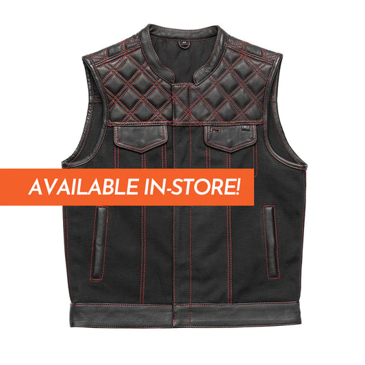 Hunt Club Black Red Denim Leather Trim Club MC Motorcycle Vest High Banded Collar Quilted Top Double Chest Pockets Red Stitch