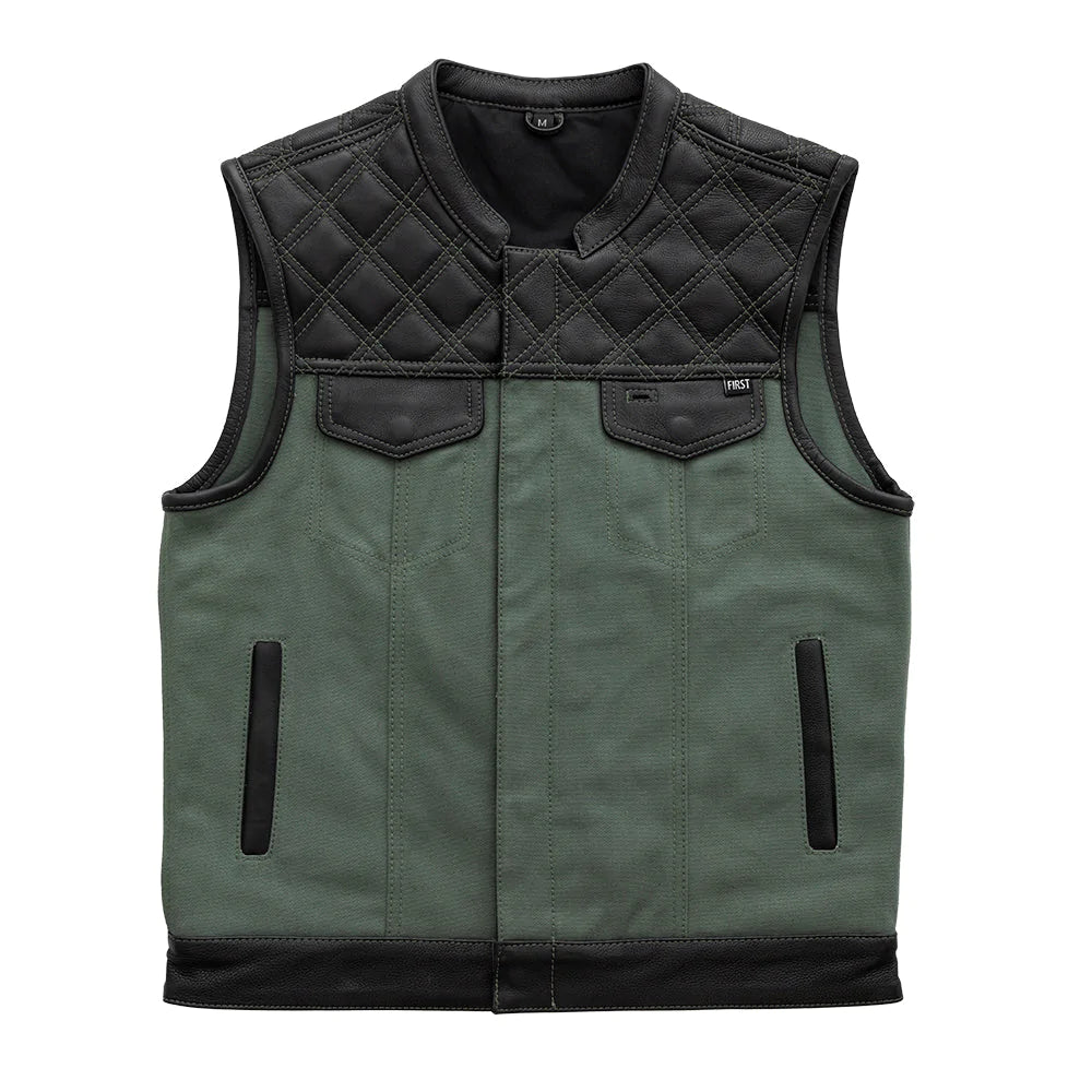 Hunt Club Green Black Denim Leather Trip Club MC Canvas Motorcycle Vest Quilted top high banded collar double chest pockets solid back front zipper covered snaps