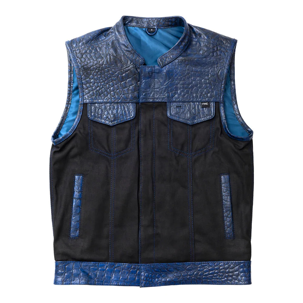 Horntail Men's Black and Blue Club MC Motorcycle Denim Leather Vest with Snake Skin Trim high banded collar solid back double chest pockets