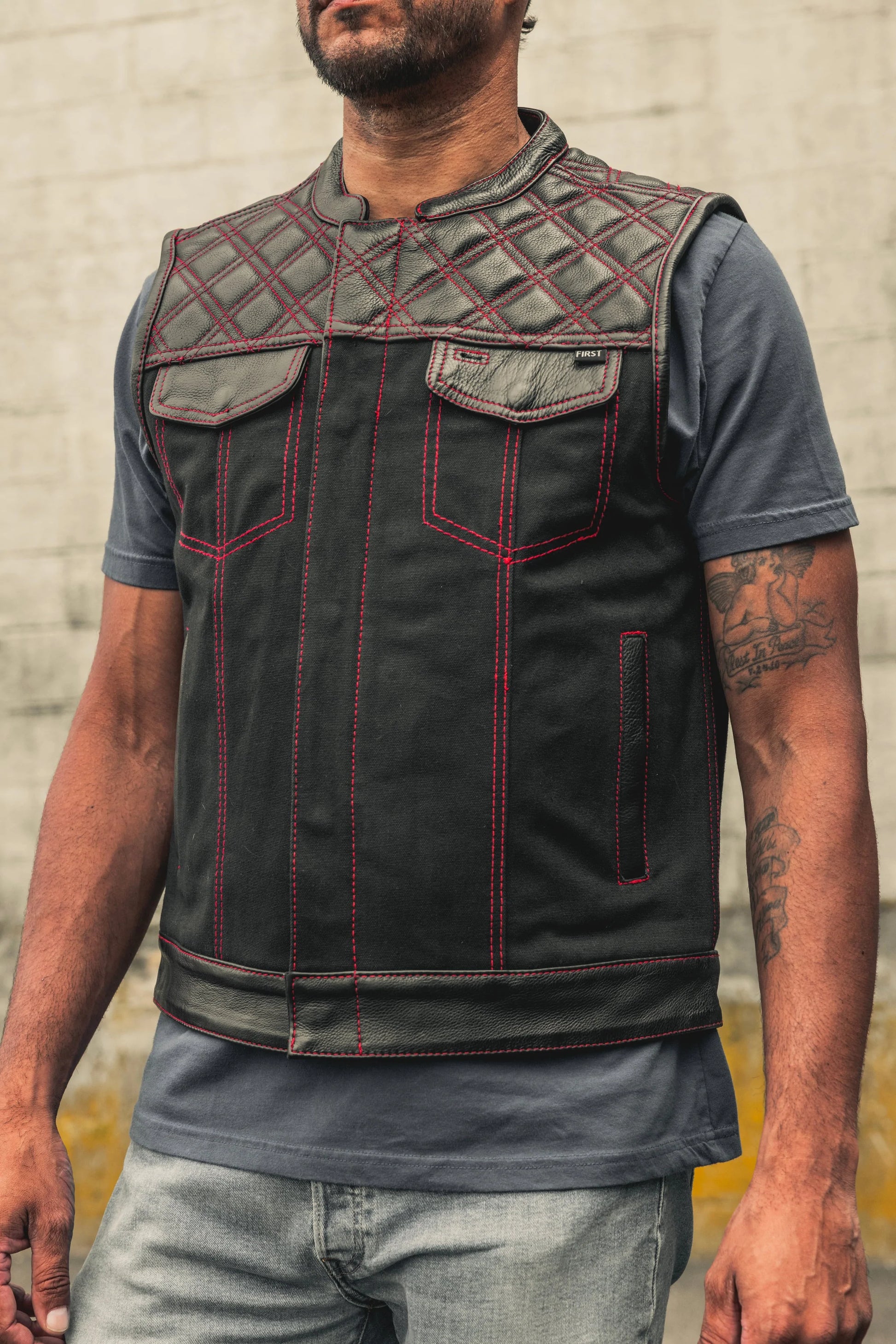 Hunt Club (Black/Red) - Motorcycle Leather Canvas Vest - Extreme Biker Leather