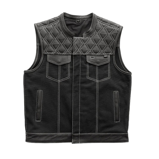 Hunt Club Men's Black White Denim Leather Trim Club MC Motorcycle Vest Quilted Top White Stitch High Banded Collar Front Zipper Covered Snaps Double Chest Pockets