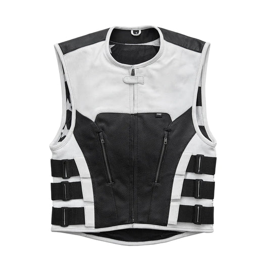 Jailbreak Men's Black White Textile Leather Swat Club MC Style Motorcycle Vest Low Collar Front Zipper Triple Velcro Band Waist Adjustable Sides