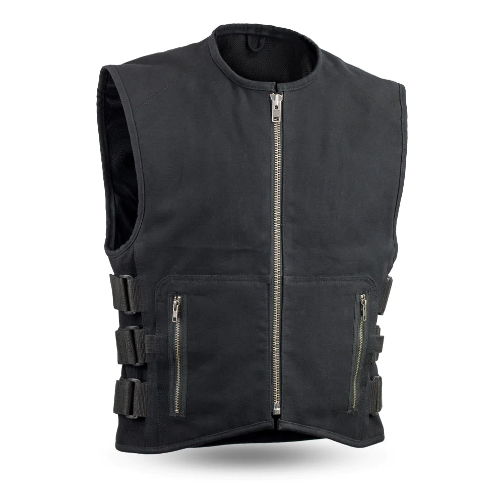 Knox Men's Black Canvas Heavy Club MC Swat Style Motorcycle Vest low collar front zipper triple side adjustable velcro straps
