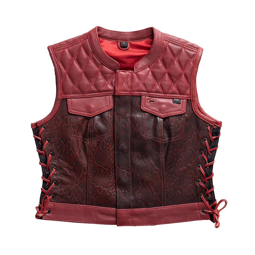 Lilith Women's Red Snake Skin Club MC Motorcycle Leather Vest Quilted Top Lace Up Sides High Banded Collar Double Chest Pockets