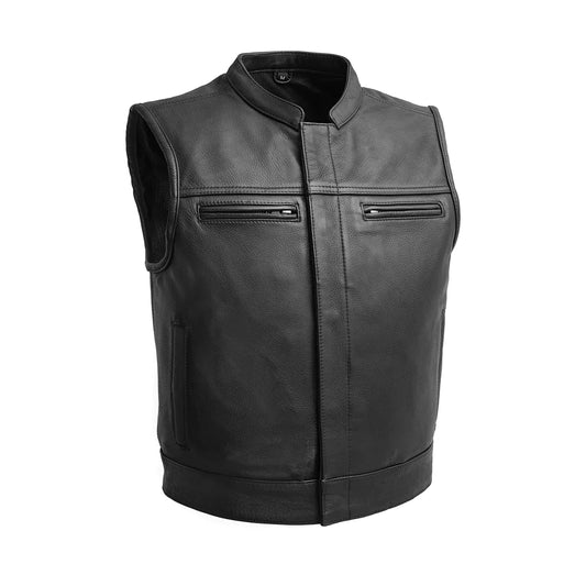 Lowrider men's classic club mc black leather motorcycle vest high banded collar front zipper covered snaps double zip chest pockets solid back mesh liner