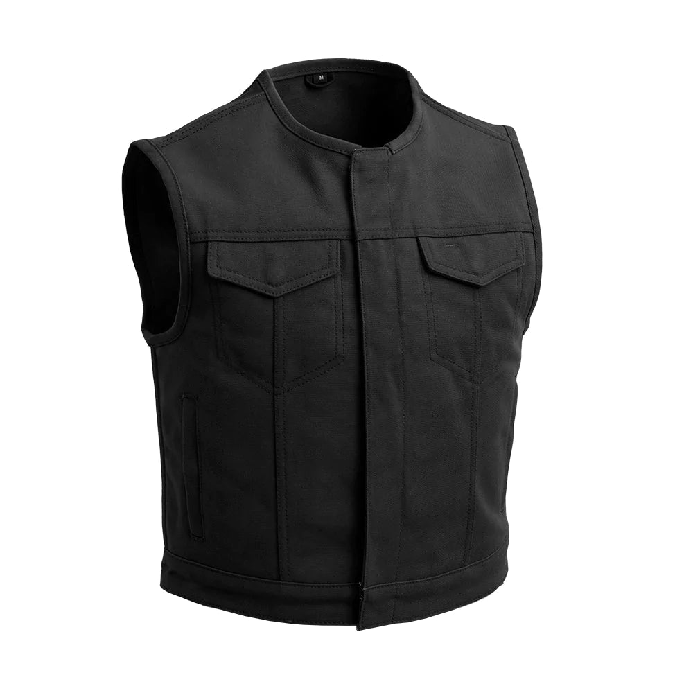 Lowside Men's solid black twill club mc motorcycle vest low collar front zipper covered snaps double chest pockets solid back