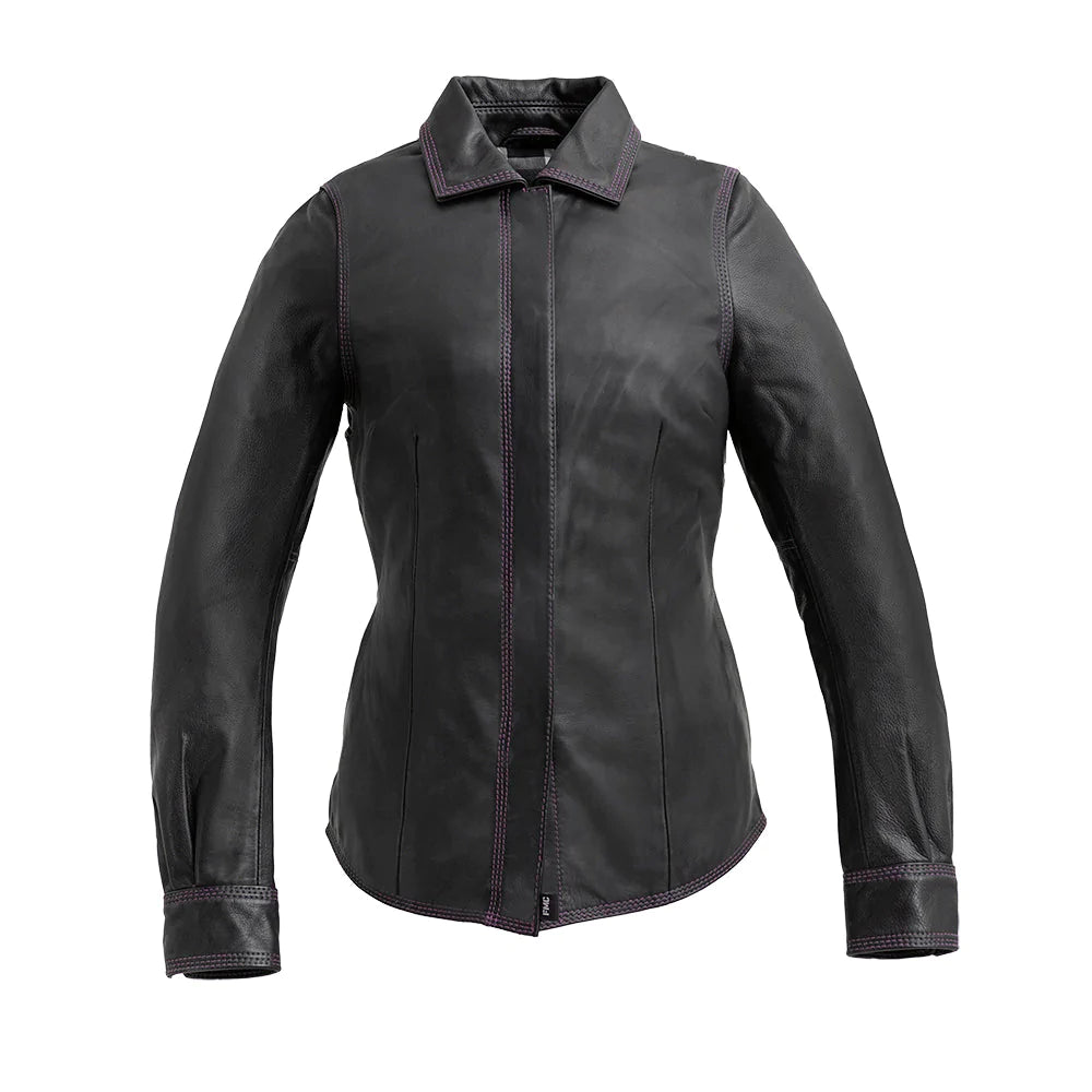 Leela Women's Black Leather Motorcycle Riding Shirt Purple Trim Stitch Cuff Collar Solid Front