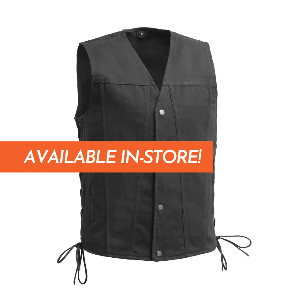 Lonestar Men's Black Western Twill Canvas Club MC Motorcycle Vest V-Neck Collar Snap Up Front Lace Up Sides