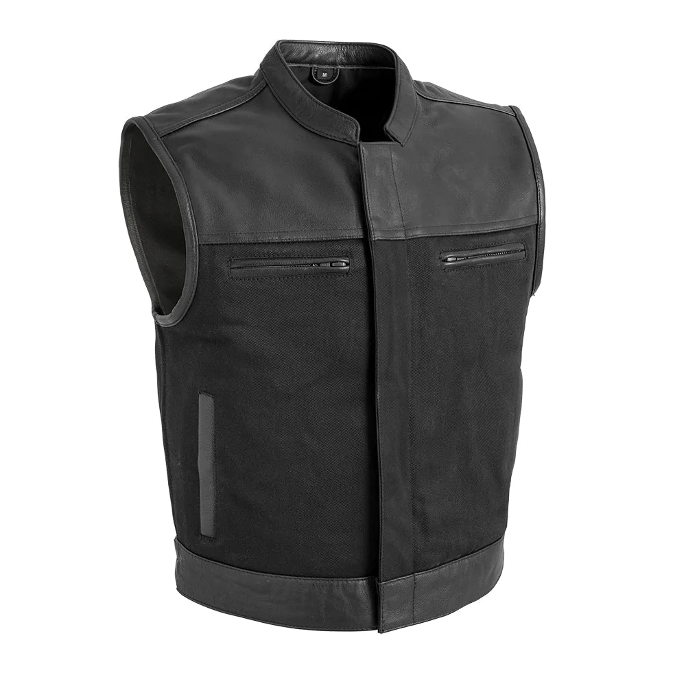 Lowrider Men's Black Canvas Twill Leather Trim Club MC Style Motorcycle Vest High Banded Collar Front Zipper Covered Snaps Double Zipper Chest Pockets Modern