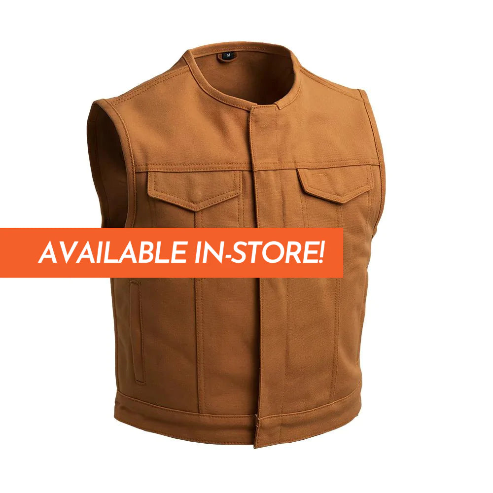 Lowside Men's Tan Duck Canvas Heavy Club MC Motorcycle Vest Low Collar Double Chest Pockets Solid Back Front Zipper Covered Snaps