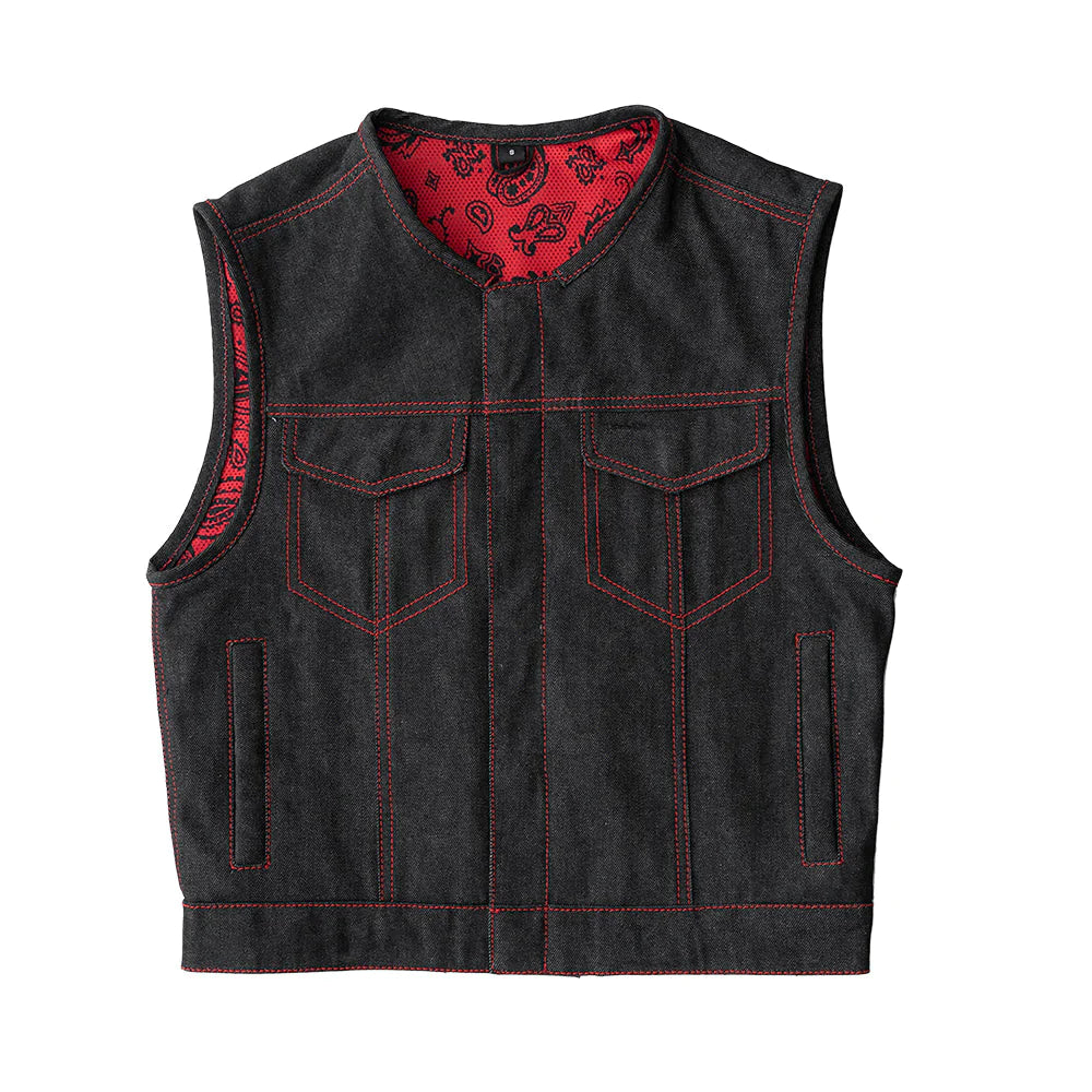 Ember Men's Black Red Denim Textile Club MC Motorcycle Vest low collar paisley interior front zipper covered snaps
