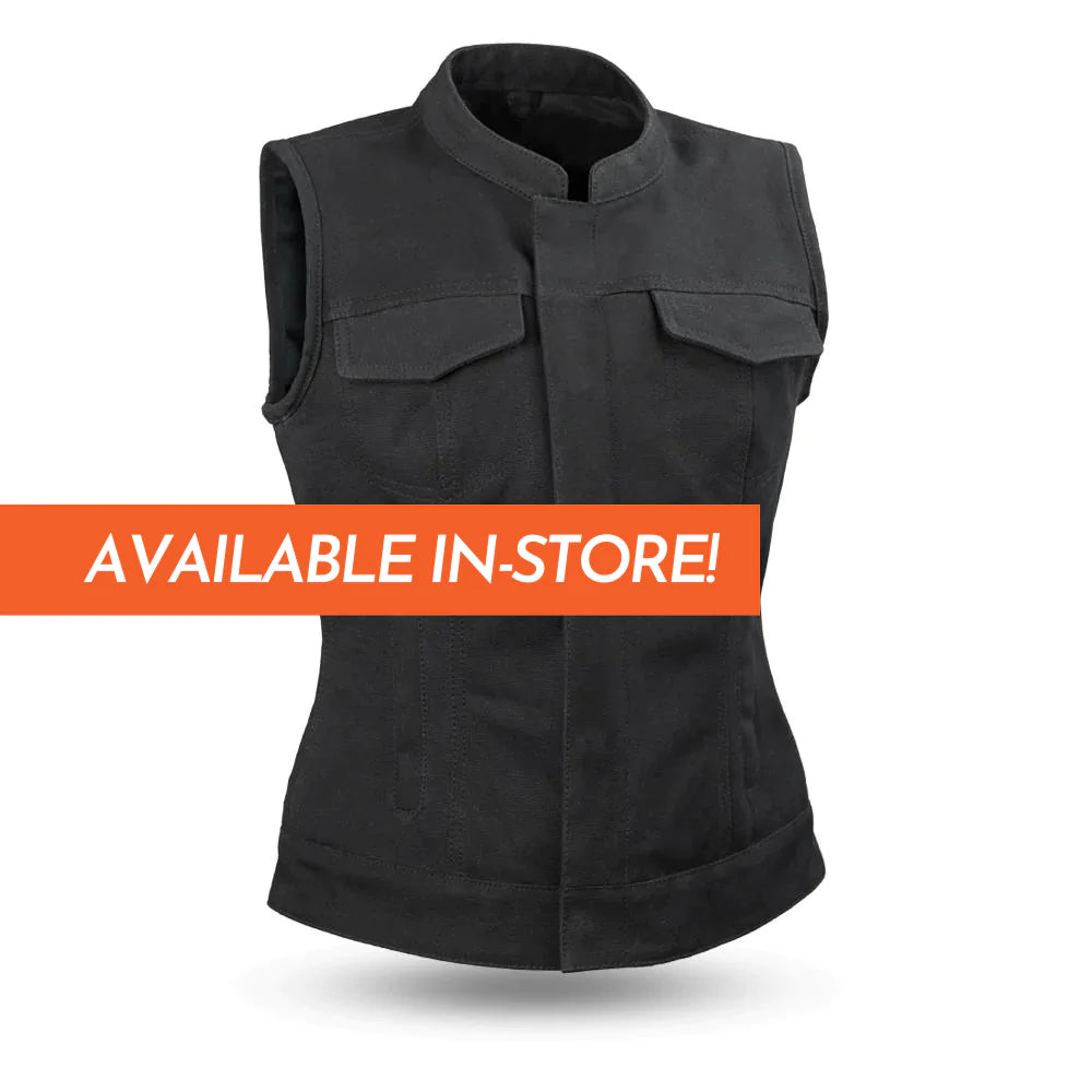 Ludlow Women's Solid Black Heavy Canvas Club MC Motorcycle Vest High Banded Collar Front Zipper Covered Snaps Double Chest Pockets Solid Back