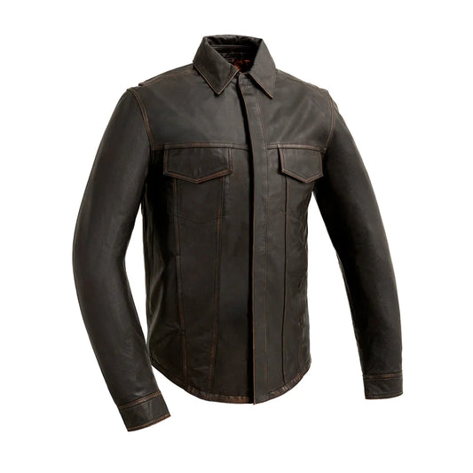 Maduro Men's Antique Brown Motorcycle Leather Riding Shirt Cuff Collar Front Zipper Covered Snaps Double Chest Pockets