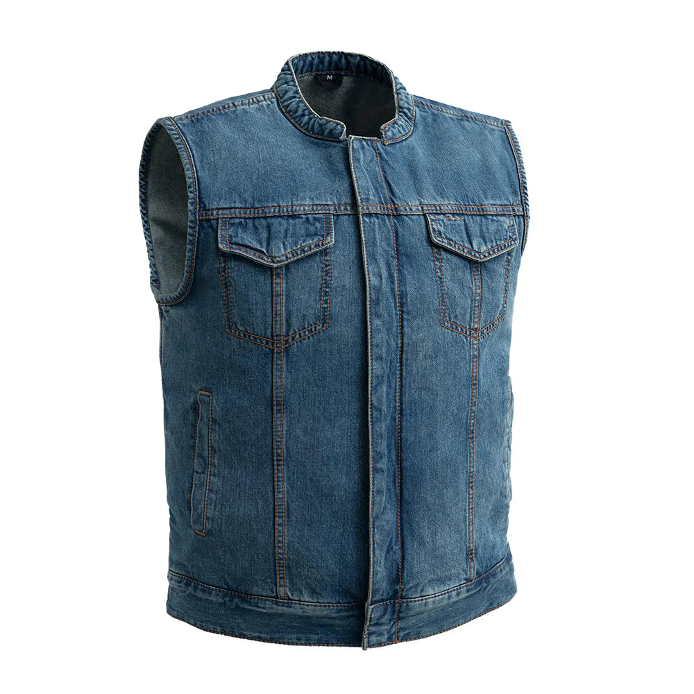 Havoc Men's Blue Jean Denim Club MC Motorcycle Vest High Banded Collar Double Chesty Pockets Solid Back