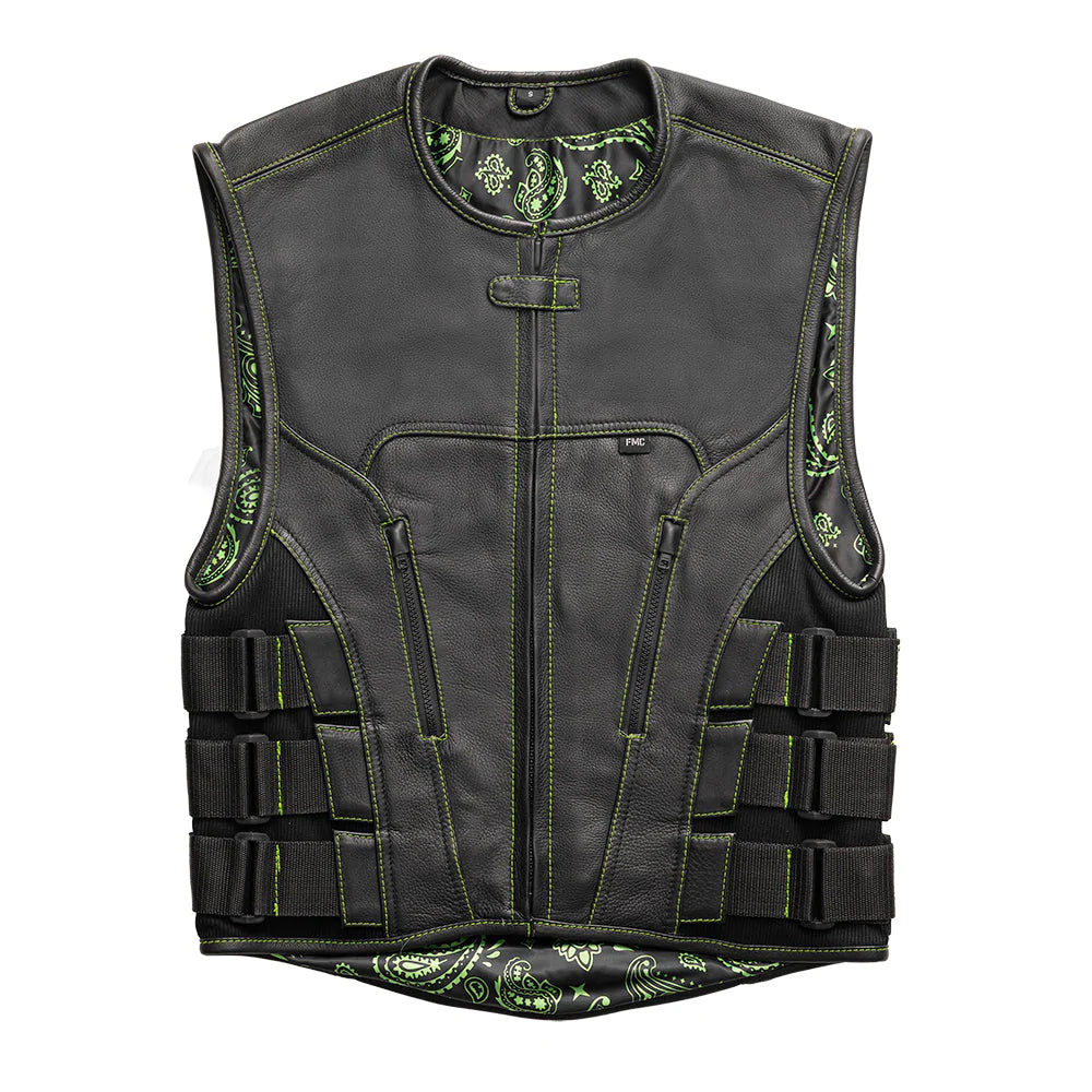 Ninja Men's Black Green Swat Style Club MC Motorcycle Leather Vest Low Collar Triple Strap Sides Adjustable Velcro Paisley Interior Zipper Front