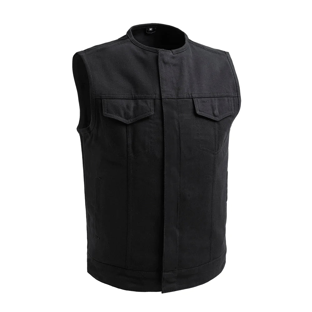 No Limit Men's Solid Black Twill Canvas Club MC Motorcycle Vest Low Collar Double Chest Pockets Front Zipper Covered Snaps Solid Back