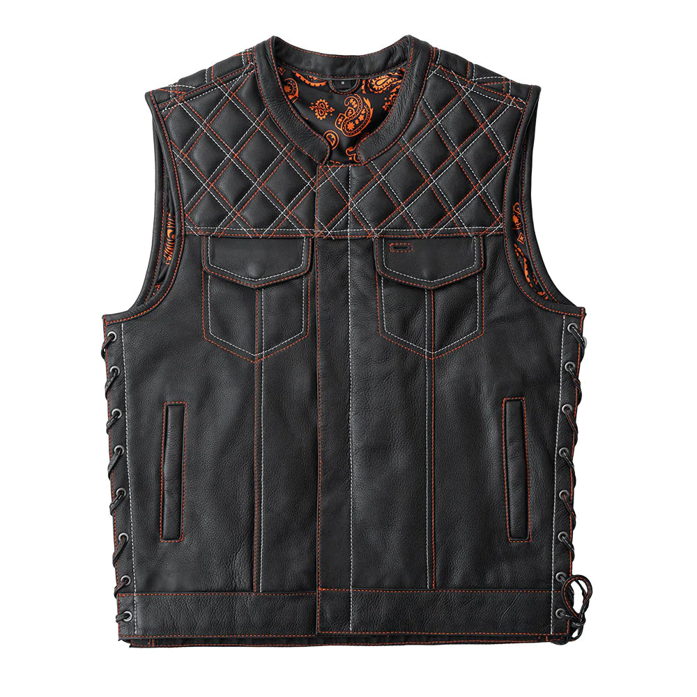Jack Men's Black Orange Leather Club MC Motorcycle Vest Quilted Top Paisley Interior Cross Stitching Lace Up Sides Double Chest Pockets