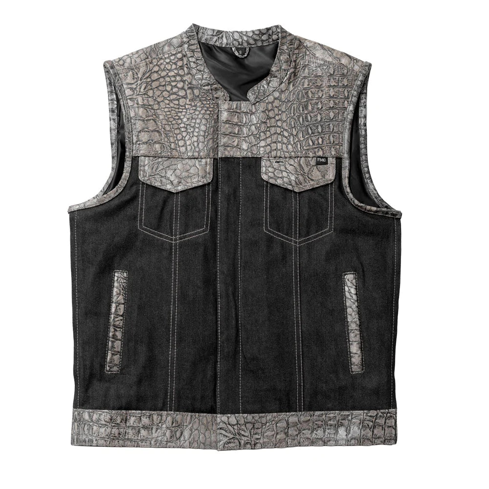 Placid Black Gray Snake Skin club mc denim textile motorcycle vest snakeskin top high banded collar double chest pockets