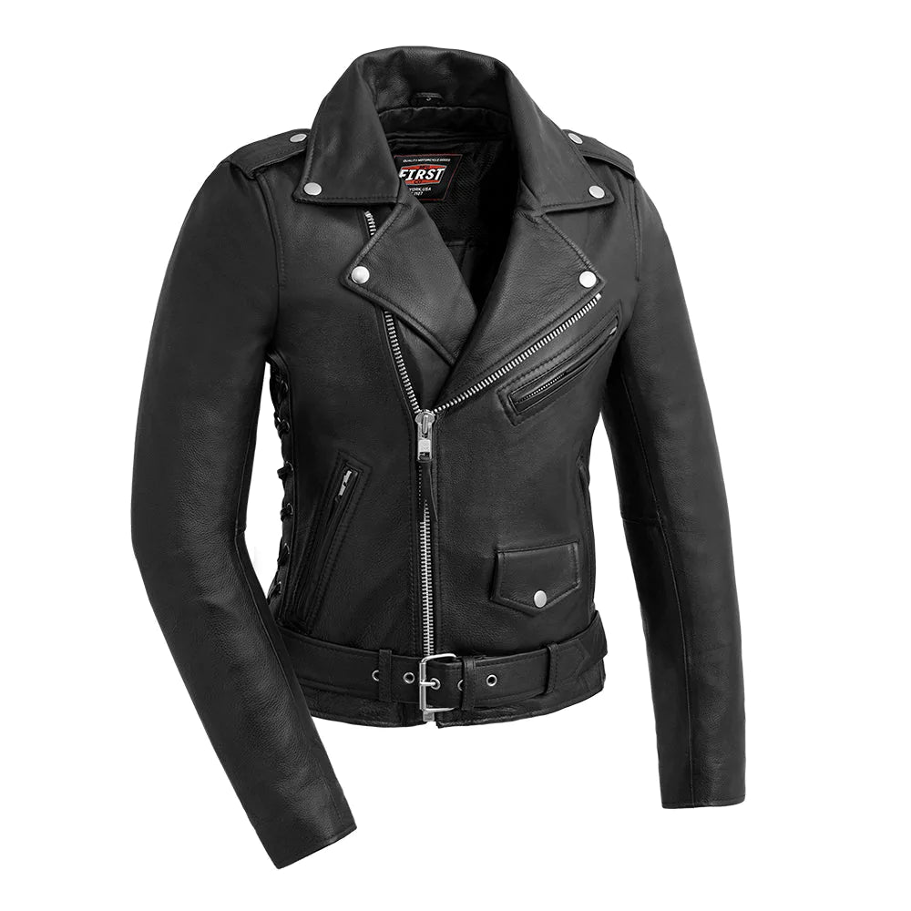 Popstar women's black classic leather motorcycle jacket with v-neck collar asymmetrical front zipper waist belt buckle single slash chest pockets