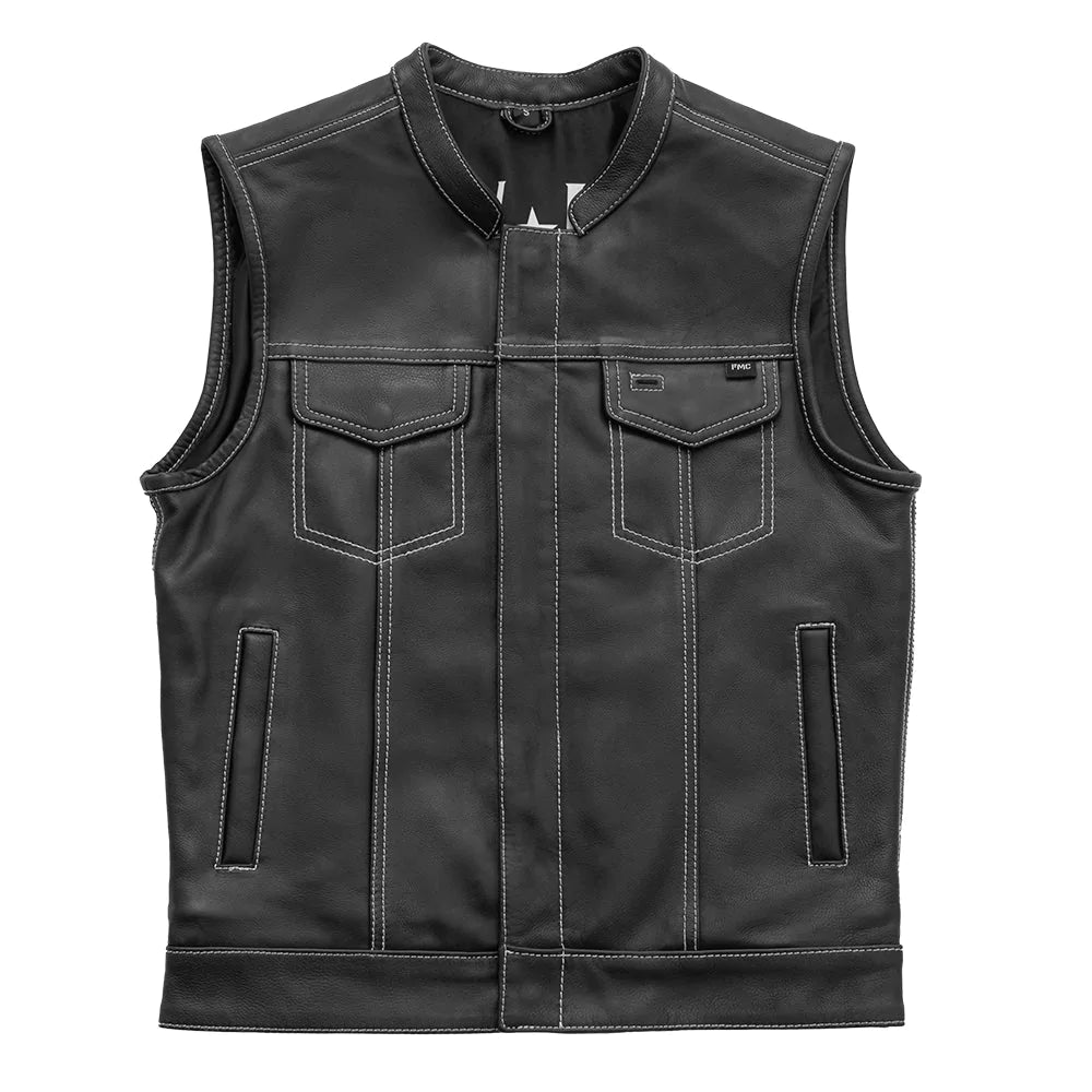 POW men's classic club mc black white leather motorcycle vest banded collar white seams front zipper covered snaps double chest pockets mesh liner solid back